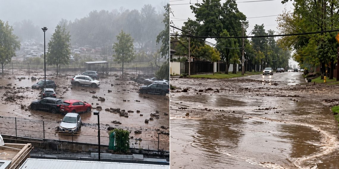Aluvión en Las Condes arrastra vehículos, árboles y una micro: la fuerza de la lluvia vuelve a golpear a Santiago